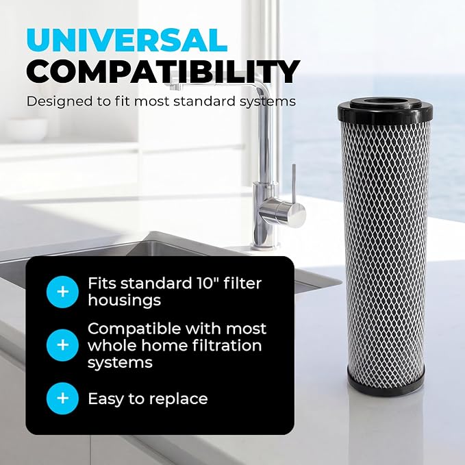 1 Micron 10" x 2.5" Activated Carbon Whole House Water Filter Replacement Charcoal Block Cartridge Set - Coconut Shell Carbon - Fits Whole Home/Under-Sink Systems, Reduces Chlorine & Odor - 4-Pack