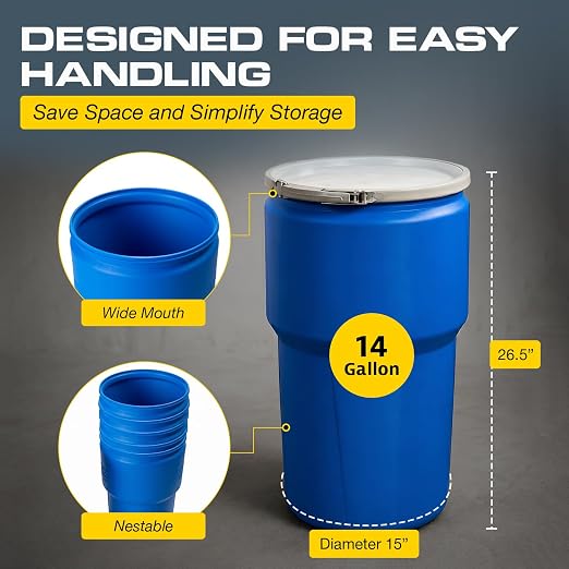 Eagle Plastic Drum, 14 Gallon Drum, DOT Compliant, Made in USA, Blue | High-Density-Polyethylene Construction, Open Head Lab Pack Drum, Metal Lever-Lock Lid, Hazardous Material Storage, Transport