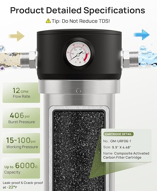 Whole House Water Filter, Stainless Steel Housing Home Pre-Filtration with Pressure Gauge for Well or City Water, 1" or 3/4" NPT Port, 1 Filter