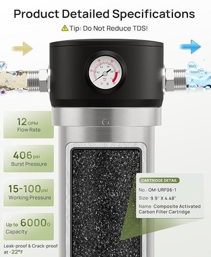Whole House Water Filter, Stainless Steel Housing Home Pre-Filtration with Pressure Gauge for Well or City Water, 1" or 3/4" NPT Port, 1 Filter