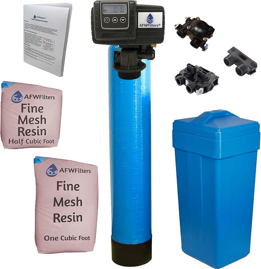 AFWFilters 1.5 Cubic Foot (48k) Whole Home Iron Pro Water Softener with Fine Mesh Resin, 1" Plastic MNPT Connection, and Blue Tanks