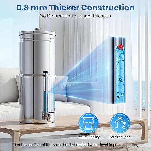 Upgrade Gravity Countertop Water Filter System,Stainless Steel Water Filter with 6-Stage Ultra Filtration,2.25 Gallon