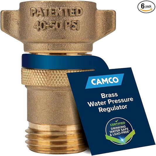 Camco Brass Marine/RV Water Pressure Regulator-Protects RV Kitchen Small Appliances, Plumbing & Hoses – Reduces RV Water_Pressure to Safe & Consistent 40-50 PSI-Drinking Water_Safe (40055) (Pack of 6)