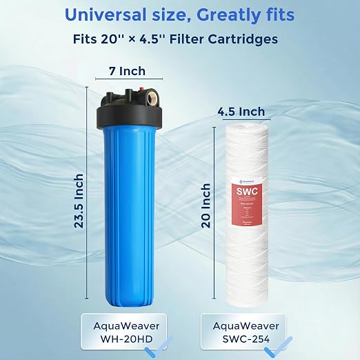 WH-20HD Whole House Water Filter Housing, Fit 20"x4.5" Sediment Filters for Well and City Water, Big Filter Blue Pre-Filtration System for Home, 1" NPT Port, Pressure Release