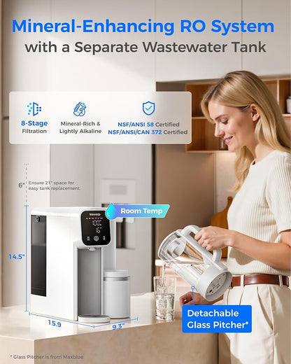 Waterdrop M6SL Mineral Reverse Osmosis Water Filter Countertop, Room-Temp | Certified to NSF/ANSI 58 & NSF/ANSI/CAN 372, 8-Stage Reverse Osmosis System, 3:1 Pure to Drain, Glass Pitcher, BPA-Free