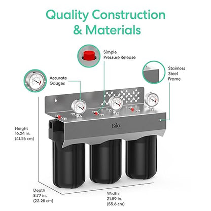 Brio Whole House Water Filter System for Heavy Metal Reduction w/Gauges | 3 Stage Fast-Flow Filtration (Sediment, GAC + KDF, CTO Carbon Block) 4.5" x 10" Filters | Protects Home Appliances | 720 GPH