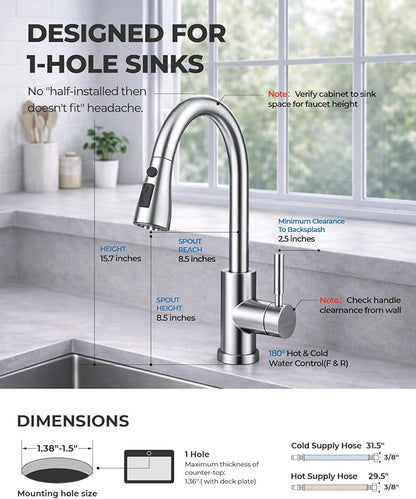 WEWE Kitchen Faucets with Pull Down Sprayer, Stainless Steel Single Handle 1 Hole for Family Kitchen Commercial Camper Laundry Rv Bar, Polished Chrome