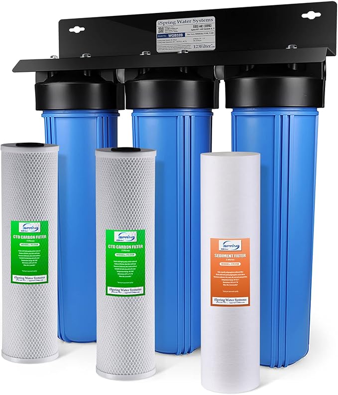 iSpring WGB32B 3-Stage Whole House Water Filtration System w/ 20-Inch Sediment and Carbon Block Filters & WSP-100 Reusable Whole House Spin Down Sediment Water Filter, 1" MNPT + 3/4" FNPT, Brass