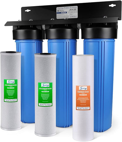iSpring WGB32B 3-Stage Whole House Water Filtration System w/ 20-Inch Sediment and Carbon Block Filters & WSP-100 Reusable Whole House Spin Down Sediment Water Filter, 1" MNPT + 3/4" FNPT, Brass