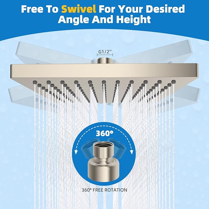 Hibbent cUCPC Certified Metal Shower Head, 8'' High Pressure Rainfall Shower Head, Bathroom Waterfall Shower Heads, High Flow Fixed Showerheads with Adjustable Brass Ball Joint, Brushed Nickel