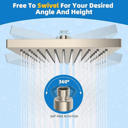 Hibbent cUCPC Certified Metal Shower Head, 8'' High Pressure Rainfall Shower Head, Bathroom Waterfall Shower Heads, High Flow Fixed Showerheads with Adjustable Brass Ball Joint, Brushed Nickel