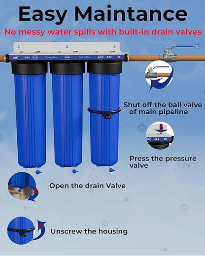 3-Stage Whole House Water Filter System, Heavy Metal Reduction, 20x4.5 Inch, Includes PP, KDF & CTO Carbon Block, 1" NPT Brass Ports, Drain Valves & Install Kit