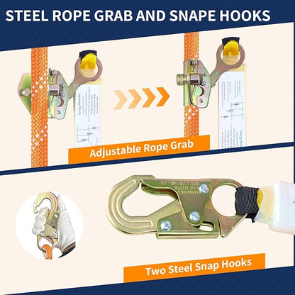 50FT Vertical Lifeline Assembly, 310LBS Capacity Fall Protection Safety Rope, Roofing & Tree Climbing Line Kit with Grab Hooks, Snap Hooks and Shock Absorber