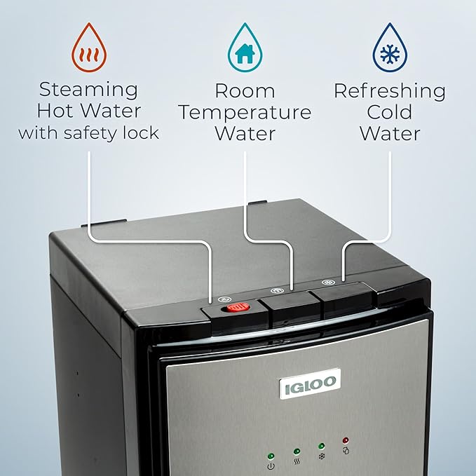 Igloo Bottom-Loading Water Dispenser – Water Cooler Dispenser with Hot, Cold & Temperature Settings- Electric Water Dispenser Fits 3- & 5-Gallon Jugs with Child Safety Lock Office Use– Black Stainless