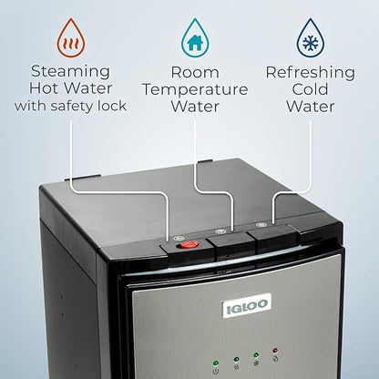 Igloo Bottom-Loading Water Dispenser – Water Cooler Dispenser with Hot, Cold & Temperature Settings- Electric Water Dispenser Fits 3- & 5-Gallon Jugs with Child Safety Lock Office Use– Black Stainless