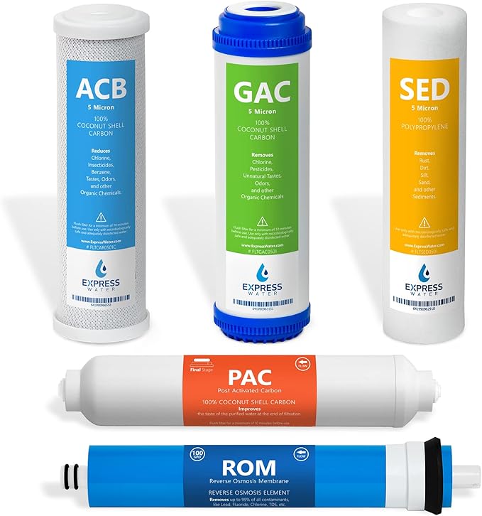 Express Water – 6 Months Reverse Osmosis System Replacement Filter Set – 5 Filters with 100 GPD RO Membrane, Carbon GAC, ACB, PAC Filters, Sediment SED Filters – 10 inch Size Water Filters…