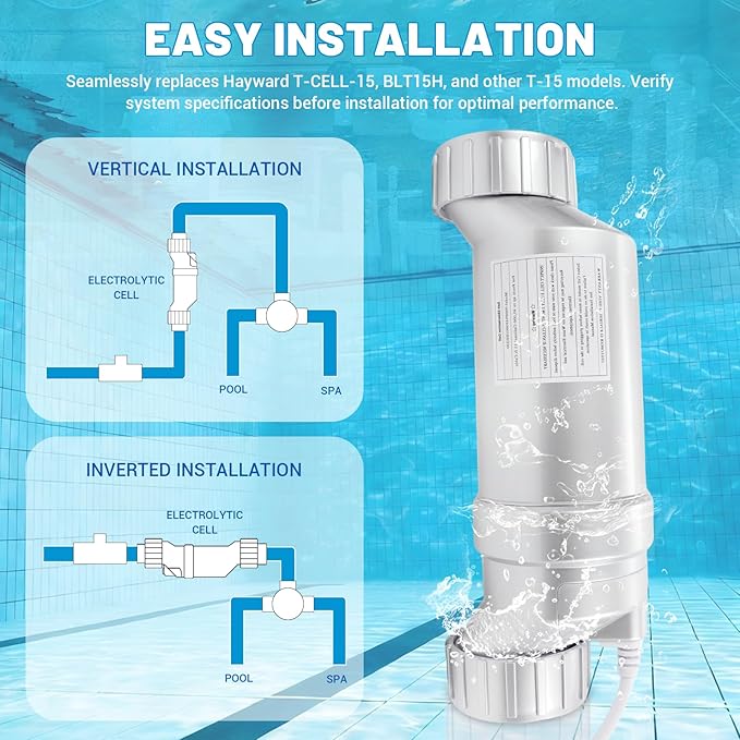 Salt Cell T-15 Upgrade Replacement Fit for Hayward BLT15H W3T-CELL-15 Pool Salt Turbo Cell Chlorinator Generator Up to 40,000 Gallons