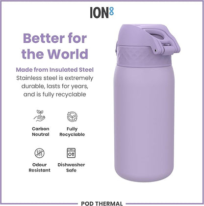 ION8 Insulated Steel Water Bottle, 320 ml/11 oz, Leak Proof, Easy to Open, Secure Lock, Dishwasher Safe, Carry Handle, Hygienic Flip Cover, Scratch Resistant, Durable Stainless Steel, Light Purple