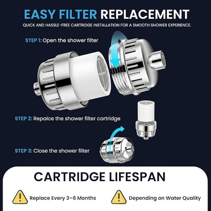 PUREVIA Shower Filter for Hard Water – Helps Reduce Chlorine & Common Water Impurities | High Pressure Water Filter | Universal Fit | Replaceable Cartridge | Easy 2-Minute Installation | Chrome