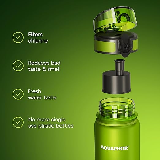 AQUAPHOR City Water Filter Bottle 500 ml | Portable Filtered Water Bottle with Integrated Water Purifier | BPA-Free | Reusable Bottle with Water Filter for Camping, Travel & Outdoor Use | Green