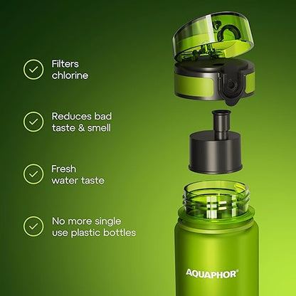 AQUAPHOR City Water Filter Bottle 500 ml | Portable Filtered Water Bottle with Integrated Water Purifier | BPA-Free | Reusable Bottle with Water Filter for Camping, Travel & Outdoor Use | Green