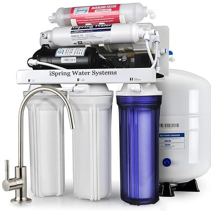 iSpring RCC7P-AK 6-Stage Reverse Osmosis System Under Sink, pH+, 75 GPD, RO Drinking Water Filtration System & F9K 1-Year Reverse Osmosis Water Filter Replacement Cartridge Pack Set, White
