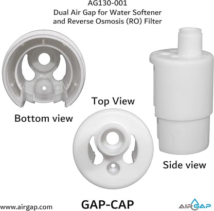 Dual Air Gap for Water Softener and Reverse Osmosis with 5/8 or 1/2-inch and 3/8 or 1/4-inch inlets, 1-1/2 or 2-inch Standpipe (8500, GAP-CAP, AG130-001)
