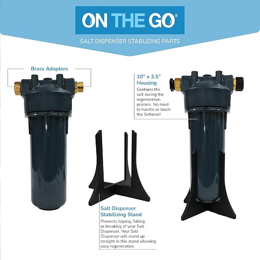 On The Go Portable 16,000 Grain RV Double Water Softener (NOT Made in China) with the On The Go Water Softener Salt Regeneration Kit and Carbon Filter