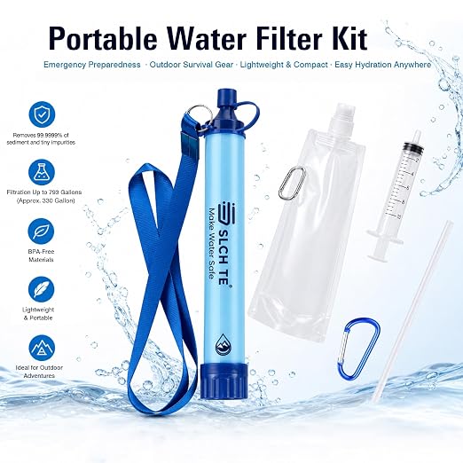 Portable Water Filter Straw Kit, 0.01 Mmicron Reusable Water Filtration, 5-in-1 Survival Gear for Camping, Hiking, Emergency, 1 Pack
