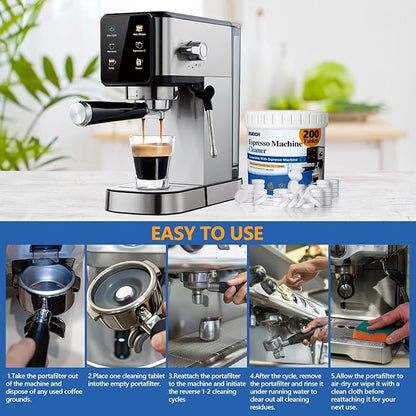 Espresso Machine Cleaning Tablets Descaling -200 Tablets, Compatible with Breville Barista Express, Gaggia, Delonghi, Jura, Philips - Universal Coffee Machine Cleaner Solution for Espresso Machines