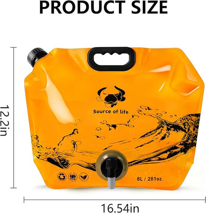 Collapsible 8L Water Storage Bag, BPA-Free Portable Folding Water Jug with Adjustable Faucet, Leakproof Emergency Water Bag for Camping, Hiking, Riding, Outdoor Sport (1, Orange)