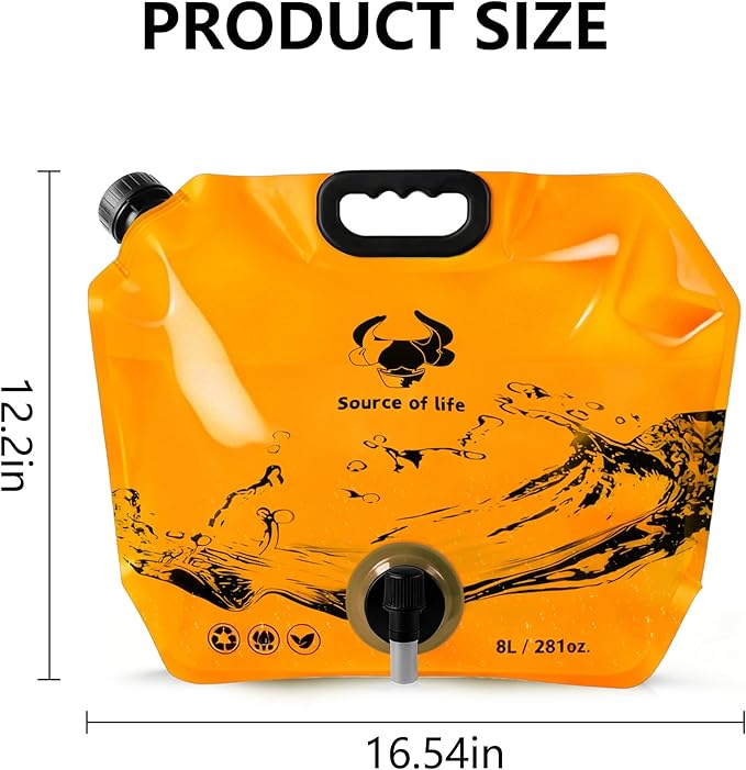 Collapsible 8L Water Storage Bag, BPA-Free Portable Folding Water Jug with Adjustable Faucet, Leakproof Emergency Water Bag for Camping, Hiking, Riding, Outdoor Sport (4, Blue & Orange)
