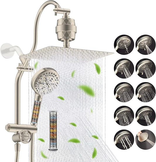 Hibbent Dual Filter All Metal 12" Rainfall Showerhead Combo, High Pressure Filter Shower Head with 10-Spray Mode Handheld, 4-way Diverter with Pause Mode, 71'' Shower Hose and Holder, Brushed Nickel