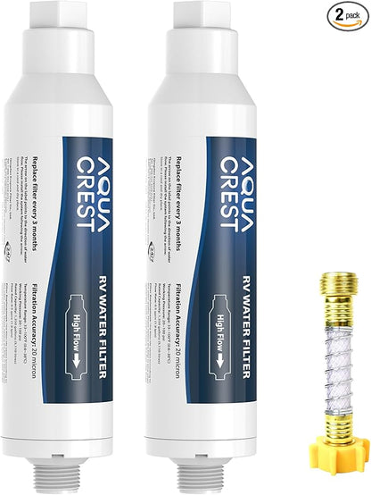 AQUA CREST RV Inline Hose Water Filter, Garden and Camper, NSF Certified, Greatly Reduces Chlorine, Bad Taste, Odor, 2 Pack with Hose Protector (Package May Vary)