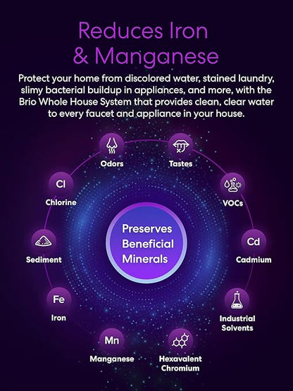 Brio 3-Stage Whole House Filtration System for Iron & Manganese Reduction, 900 GPH, 4.5" x 20" Sediment, Carbon Block, Iron & Manganese Filters Included w/Lifespan of 100,000 Gallons or 12 Months
