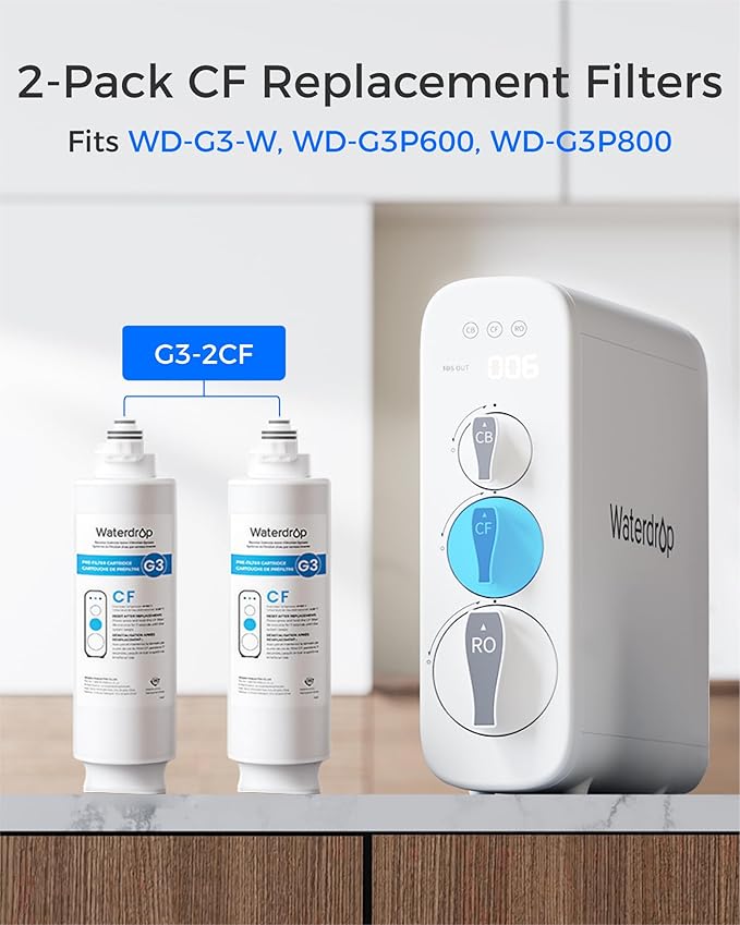 Waterdrop G3-2CF Filter, Replacement for Waterdrop G3-W & G3P600 & G3P800 Reverse Osmosis System, Pack of 2 G3-N1CF, 6-month Lifetime