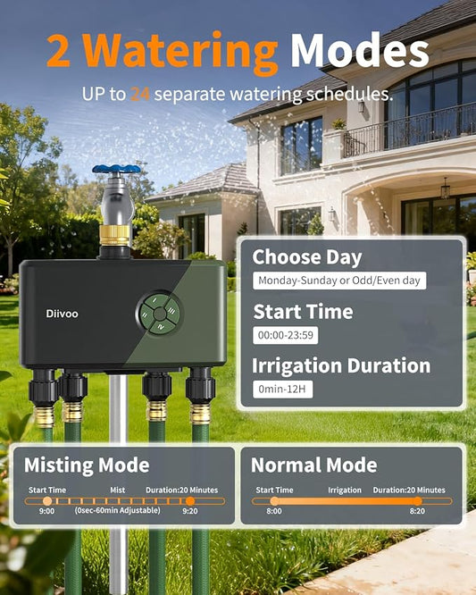 Diivoo Brass 4 Outlets WiFi Water Timer | App Remote Control, 24 Custom Schedules, Rain Delay & Mist Mode for Lawn, Compatible with Alexa/Google Assistant
