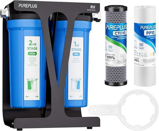 PUREPLUS RV Dual Stage Water Filter System with Two Cartridges and Mounting Bracket, NSF/ANSI 42 Certified, Reduces Sediment, Chlorine, Odors and More, Stainless Steel 3/4" Fittings