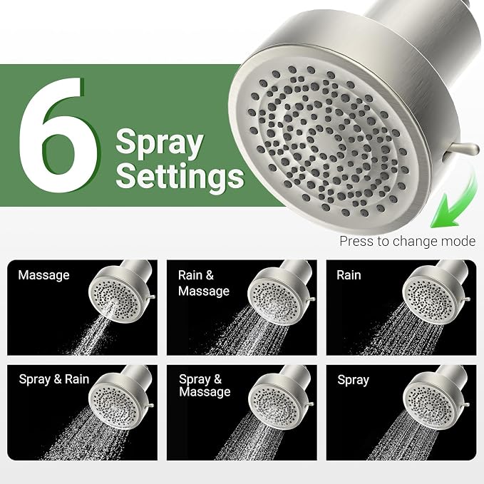 Filtered Shower head for Healthier Hair & Skin – Removes Chlorine & Heavy Metals,High Pressure 6 Mode Settings Shower Head Filter for Hard Water (Brushed Nicke)