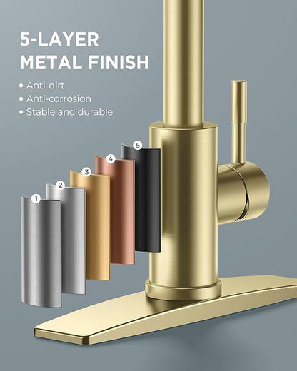 FORIOUS Gold Kitchen Faucet with Soap Dispenser, High Arc Modern Sink Faucet with Pull Down Sprayer and Deck Plate Fit for 1 or 3 Hole for Pot Filler Bar Farmhouse Laundry Rv, Brushed Gold