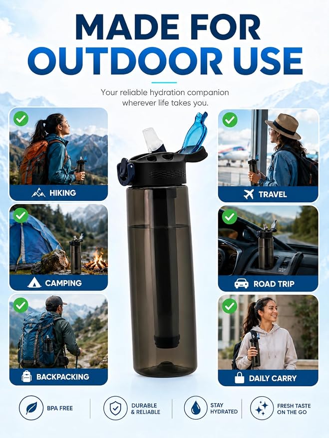 22oz Water Filter Bottle, Portable Outdoor Filtered Water Bottle with Multi-Layer Filtration, Improves Taste & Reduces Odor, BPA-Free Reusable Bottle for Hiking, Camping & Travel (Black)