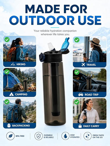 22oz Water Filter Bottle, Portable Outdoor Filtered Water Bottle with Multi-Layer Filtration, Improves Taste & Reduces Odor, BPA-Free Reusable Bottle for Hiking, Camping & Travel (Black)