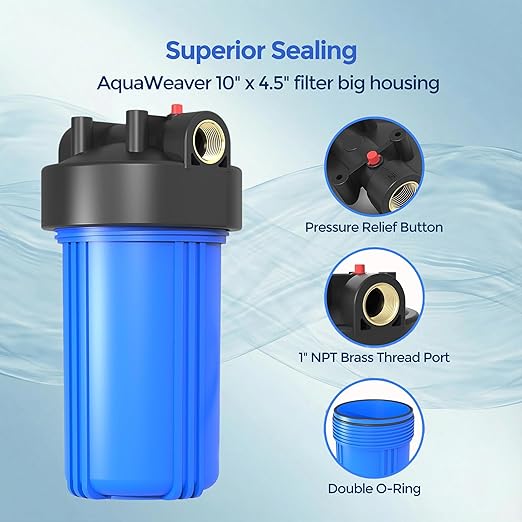 Whole House Water Filter Housing (WH-10HD), 10" x 4.5" Sediment Carbon Filter Universal Housing, Pre-Filtration System for Well and City Water, 1" NPT Port, Pressure Release