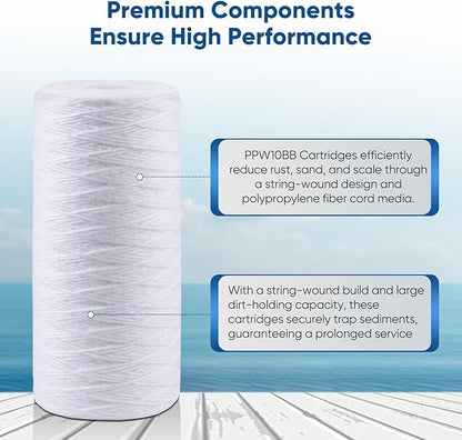 PUREPLUS 5 Micron 10 x 4.5 Whole House String Wound Sediment Filter for Well Water, Replacement Cartridge for 84637, WPX5BB97P, PC10, 355214-45, 355215-45, WP10BB97P, WP5BB97P, 2Pack