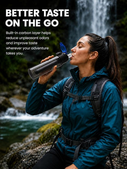 22oz Water Filter Bottle, Portable Outdoor Filtered Water Bottle with Multi-Layer Filtration, Improves Taste & Reduces Odor, BPA-Free Reusable Bottle for Hiking, Camping & Travel (Black)