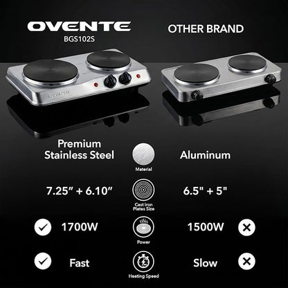 OVENTE Electric Cast Iron Double Burner, 1700W Hot Plate, Silver BGS102S | 7.25" & 6.10" Portable Countertop Cooktop, Stainless Steel, 5 Level Temperature Control, Indicator Light, Easy-to-Clean