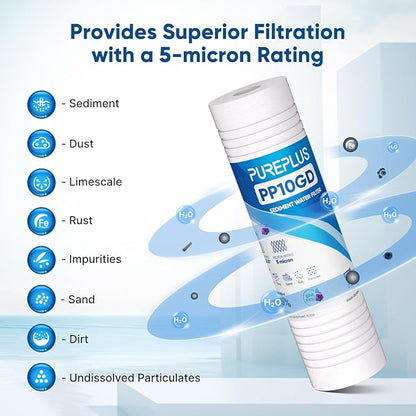 PUREPLUS 5 Micron 10" x 2.5" Whole House Grooved Sediment Home Water Filter, Replacement Cartridge for 10 inch RO Pre-Filter & RV Housing, AO-WH-PREV-R2, AP110, WHKF-G05,AB-SGR5M, GXWH20S,CFS10, 2Pack
