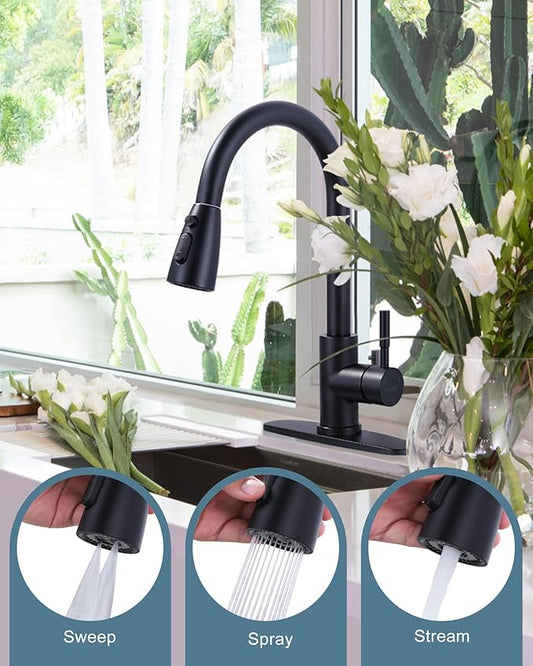 WOWOW Black Kitchen Faucet with Sprayer, Pull Down Kitchen Sink Faucet Lead-Free, Stainless Steel Single Handle Kitchen Faucets with Deck Plate, 360 Swivel High Arc Single Hole RV Kitchen Faucet