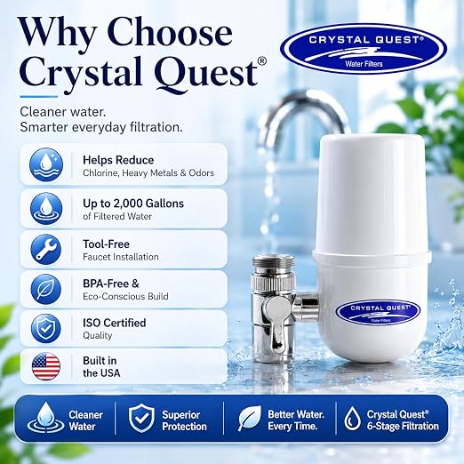 Crystal Quest Faucet-Mount Water Filtration System, ISO Certified 6-Stage Filtration, No-Wait Filtering, Removes Chlorine & Heavy Metal, 2000-Gallon Capacity, Easy Kitchen Faucet Installation - White