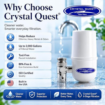 Crystal Quest Faucet-Mount Water Filtration System, ISO Certified 6-Stage Filtration, No-Wait Filtering, Removes Chlorine & Heavy Metal, 2000-Gallon Capacity, Easy Kitchen Faucet Installation - White